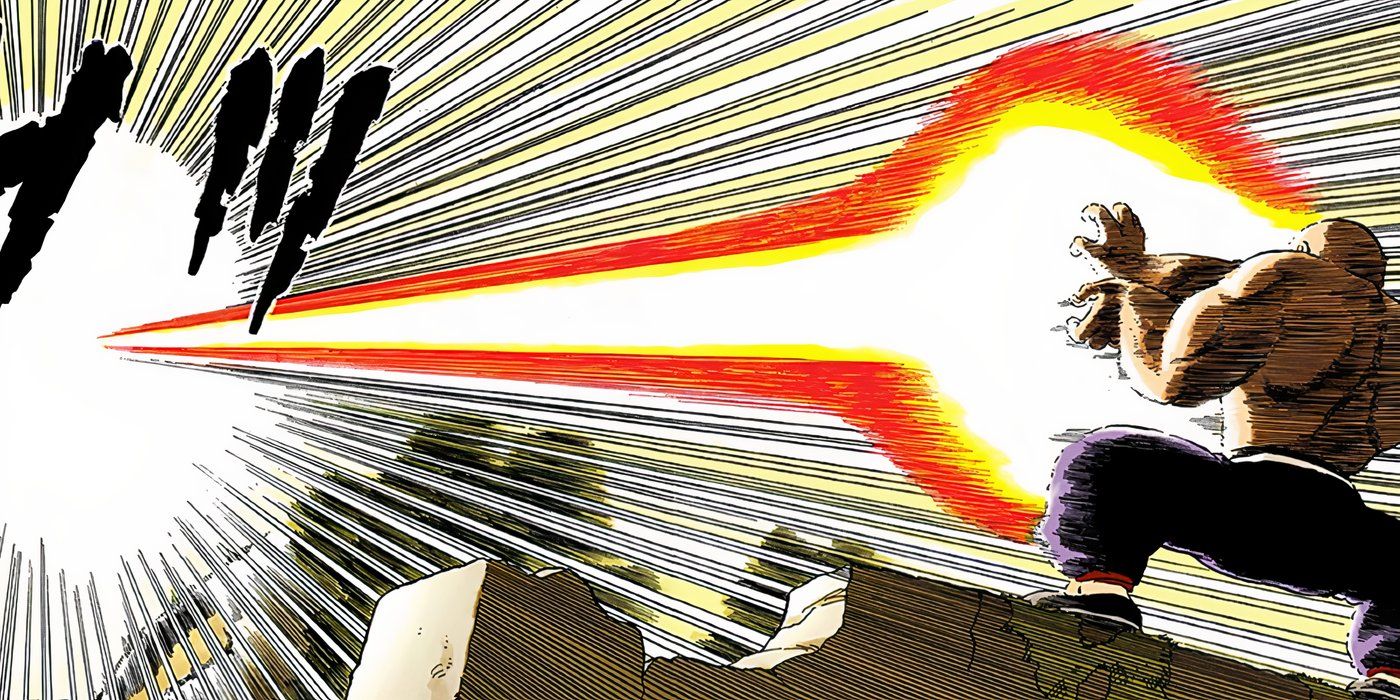 Master Roshi firing the first Kamehameha in Dragon Ball during chapter #14.