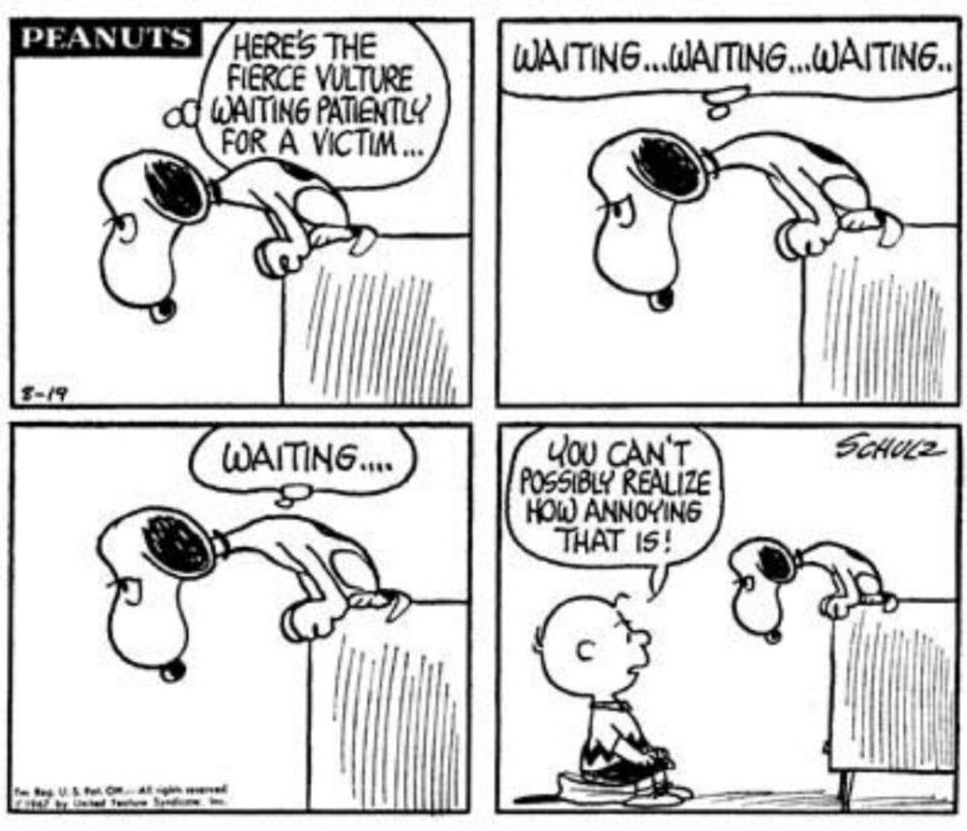 Snoopy sitting like a vulture on top of a TV Charlie Brown is trying to watch.