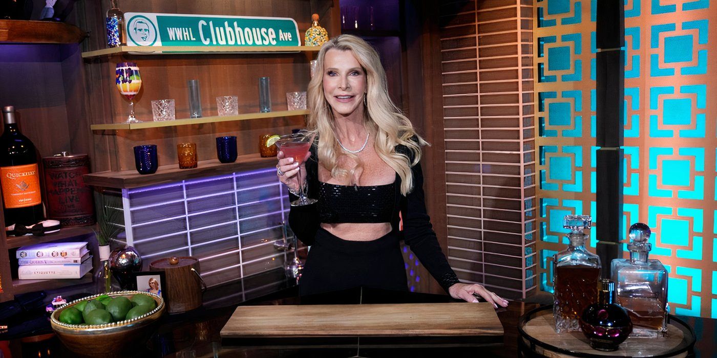 The Golden Bachelorette's Joan Vassos standing behind the bar at Watch What Happens Live
