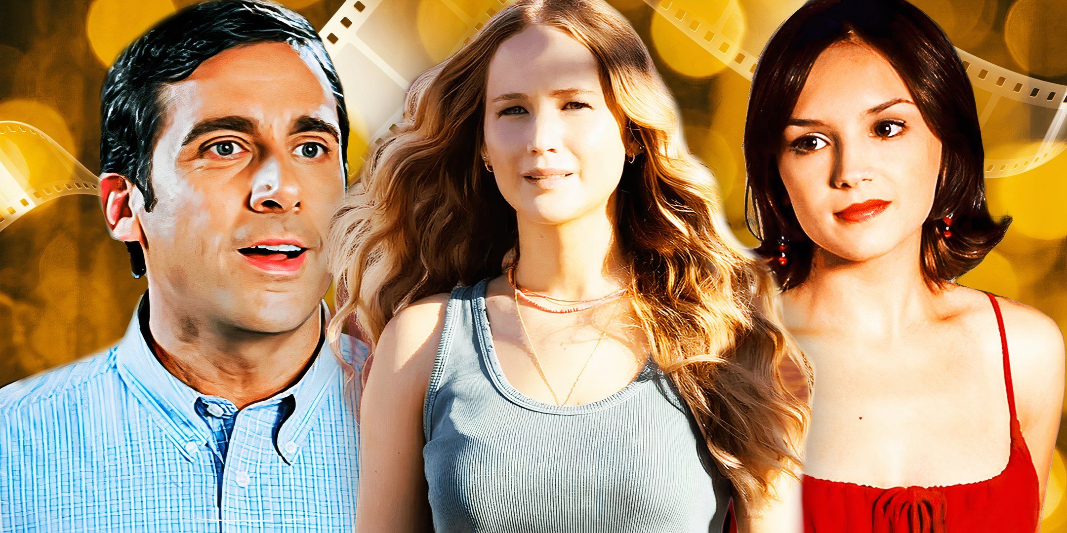 Collage of characters from The 40 Year Old Virgin, No Hard Feelings and She&rsquo;s All That