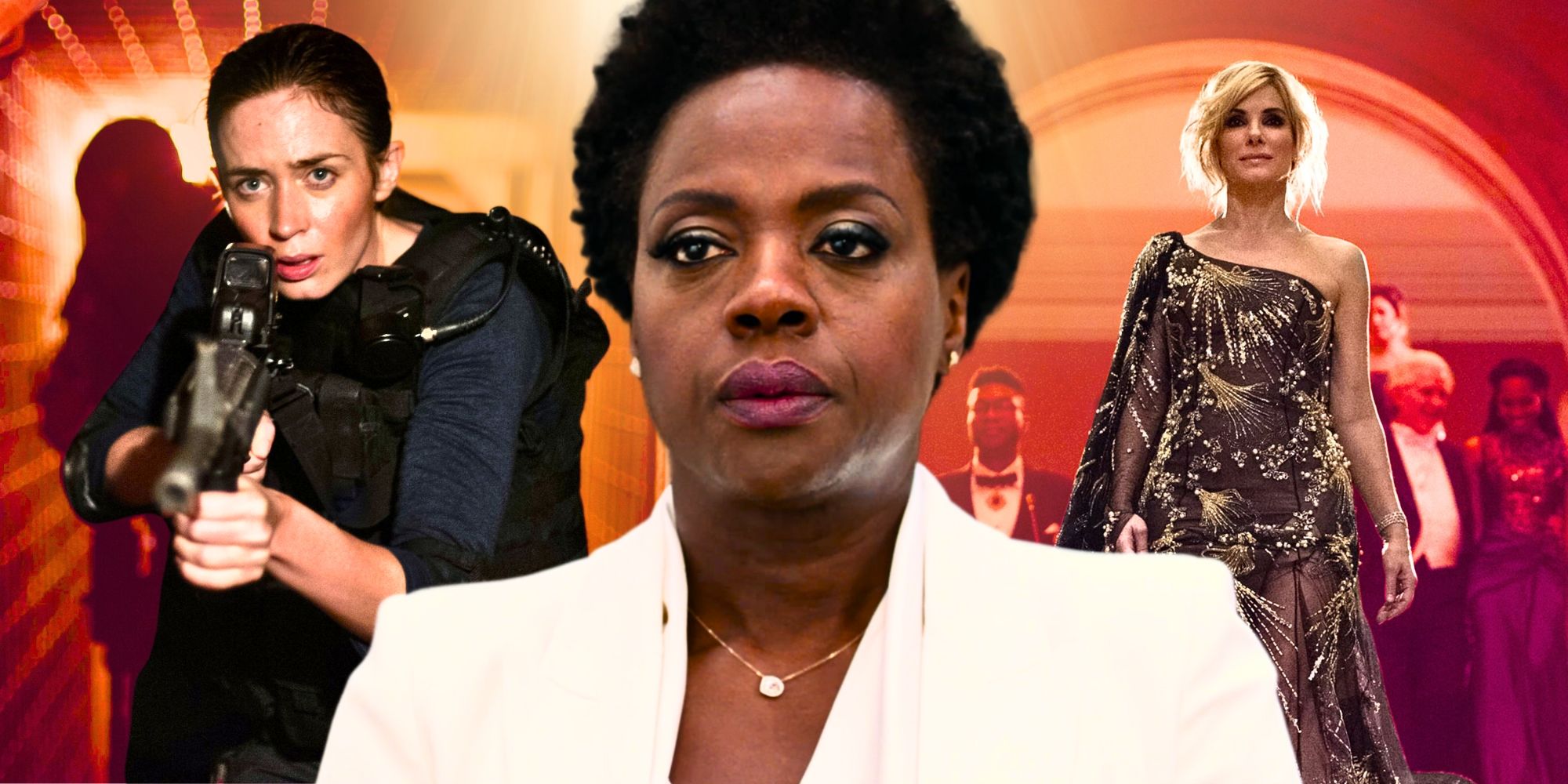 blended image of stills from Widows (prominently featured), Sicario, and Ocean's 8