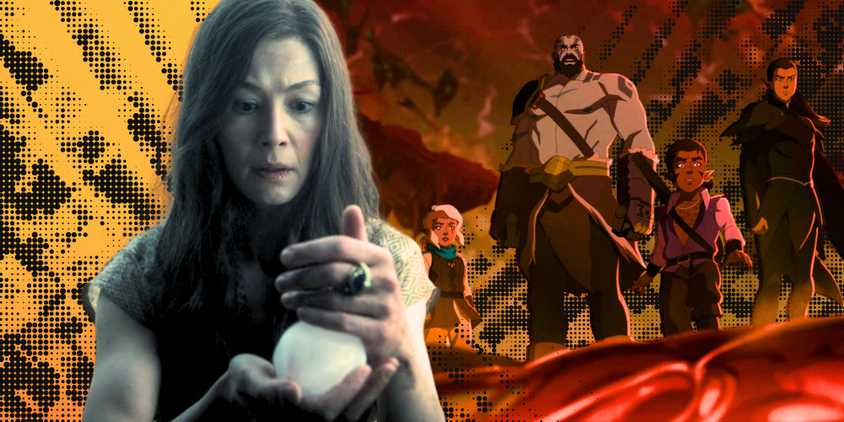 Rosamund Pike as Moiraine Damodred from The Wheel of Time and the assemble of Vox Machina