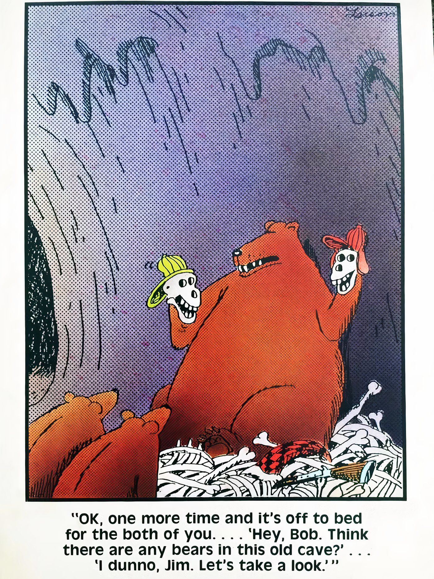 A bear using human skulls as puppets in The Far Side.