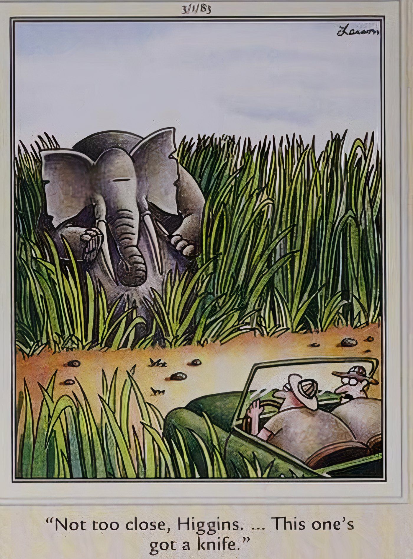 An elephant threatening to kill two explorers with a knife in The Far Side.