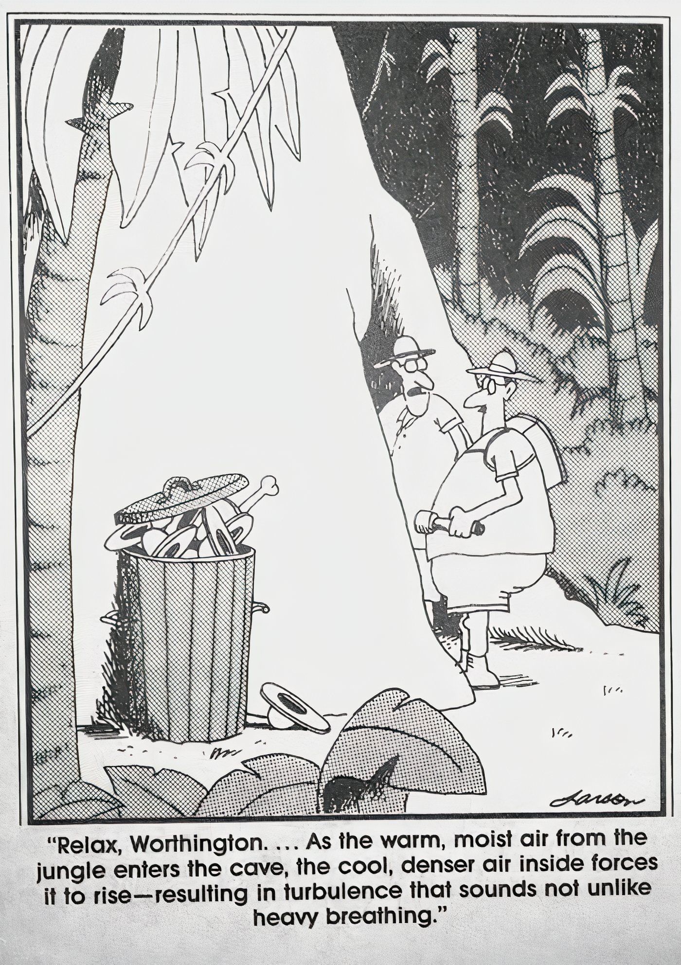 Two explorers entering a dangerous cave in The Far Side.