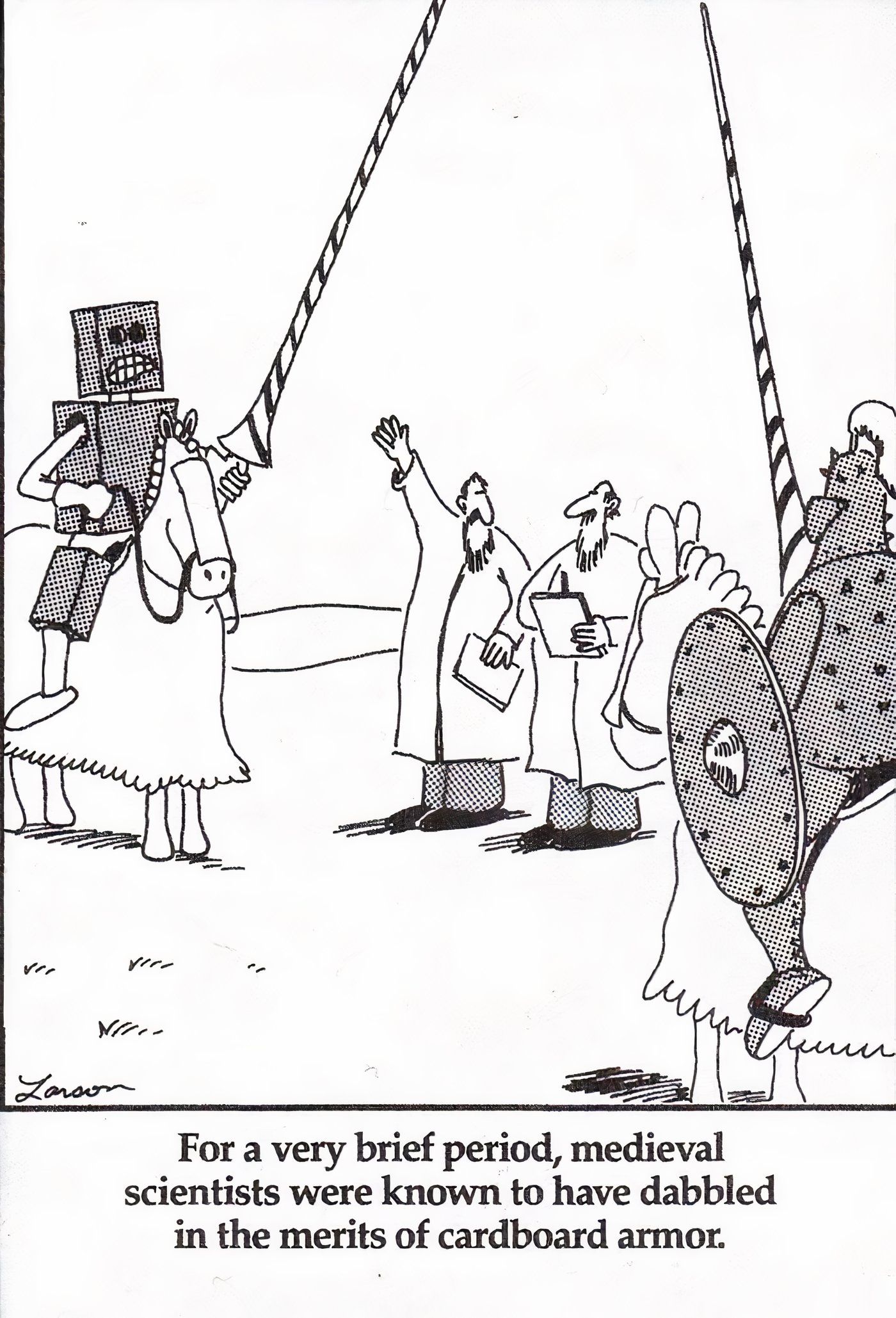 A knight wearing cardboard armor in The Far Side.