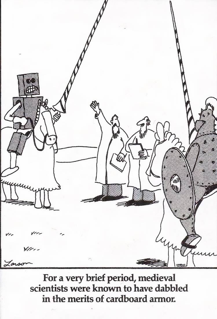 A knight wearing cardboard armor in The Far Side.