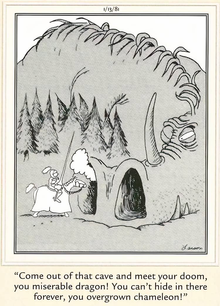 A knight challenging a dragon in The Far Side.