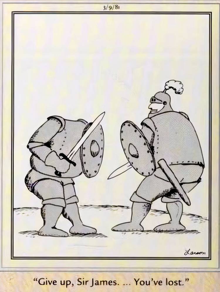 Two knights in a sword fight, one missing a head in The Far Side.