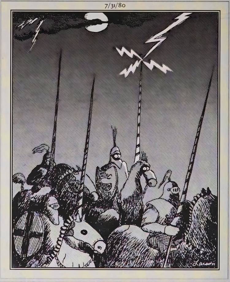 A knight getting struck by lightning in The Far Side.