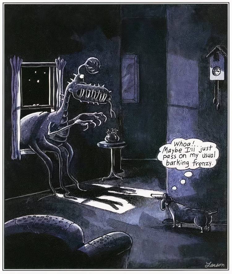 A scary creature breaking into a house in The Far Side.
