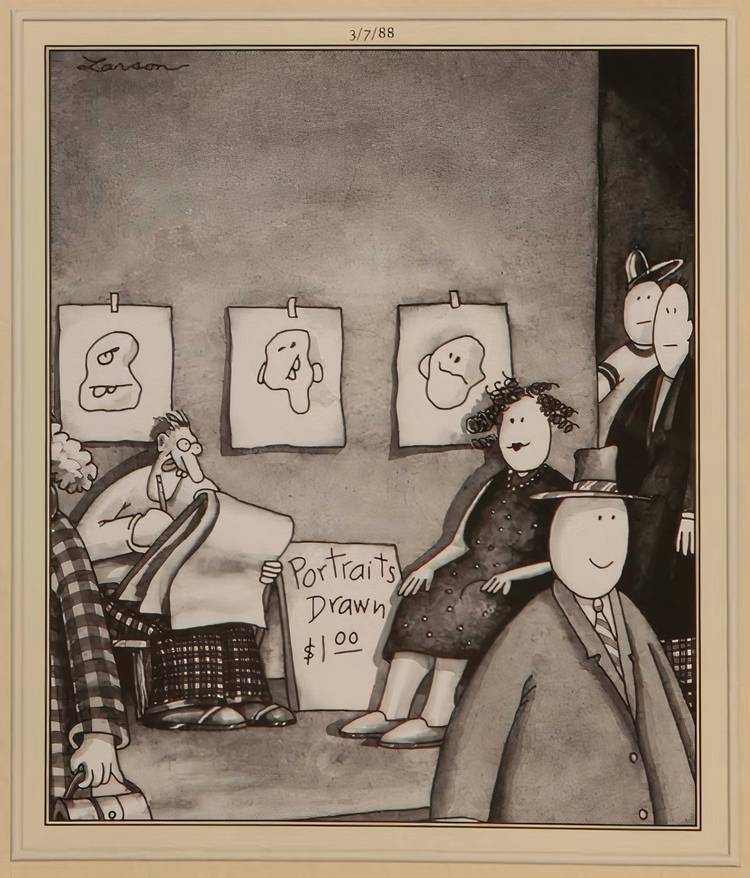 People in The Far Side with overly-simple facial features that comes off as creepy.