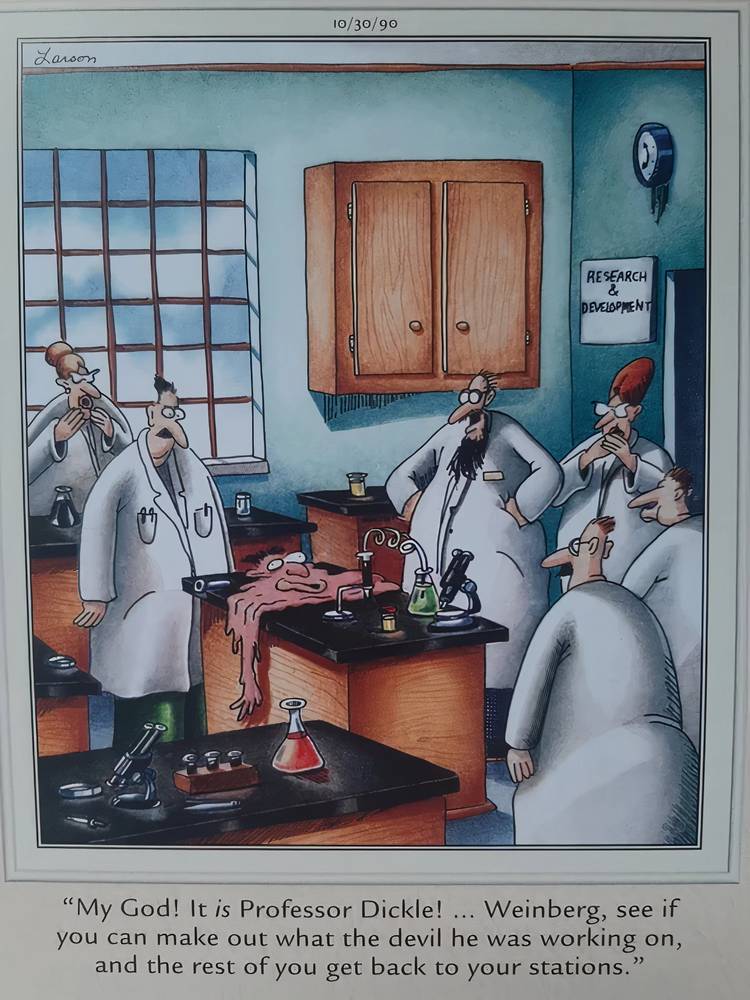 Scientists gathered in their lab in The Far Side.