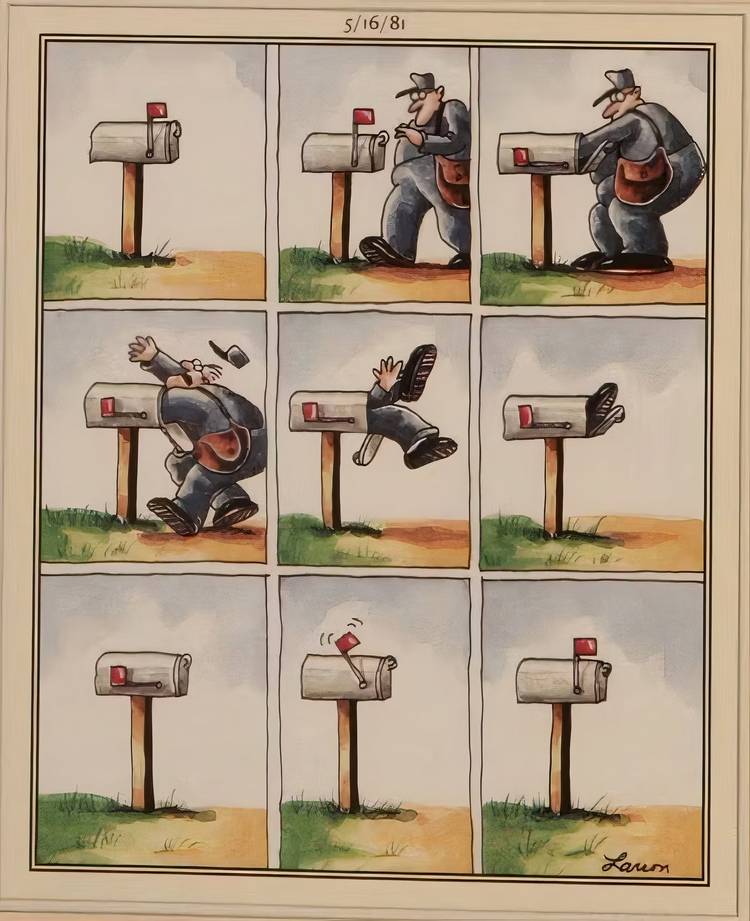 A mailman getting eaten by a mailbox in The Far Side.