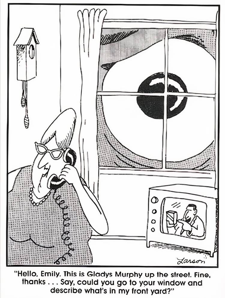 A giant eye staring at a woman through her window in The Far Side.