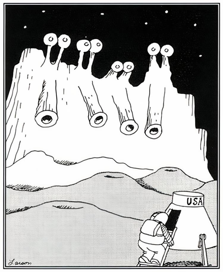 An astronaut discovering an alien version of Mount Rushmore in The Far Side.
