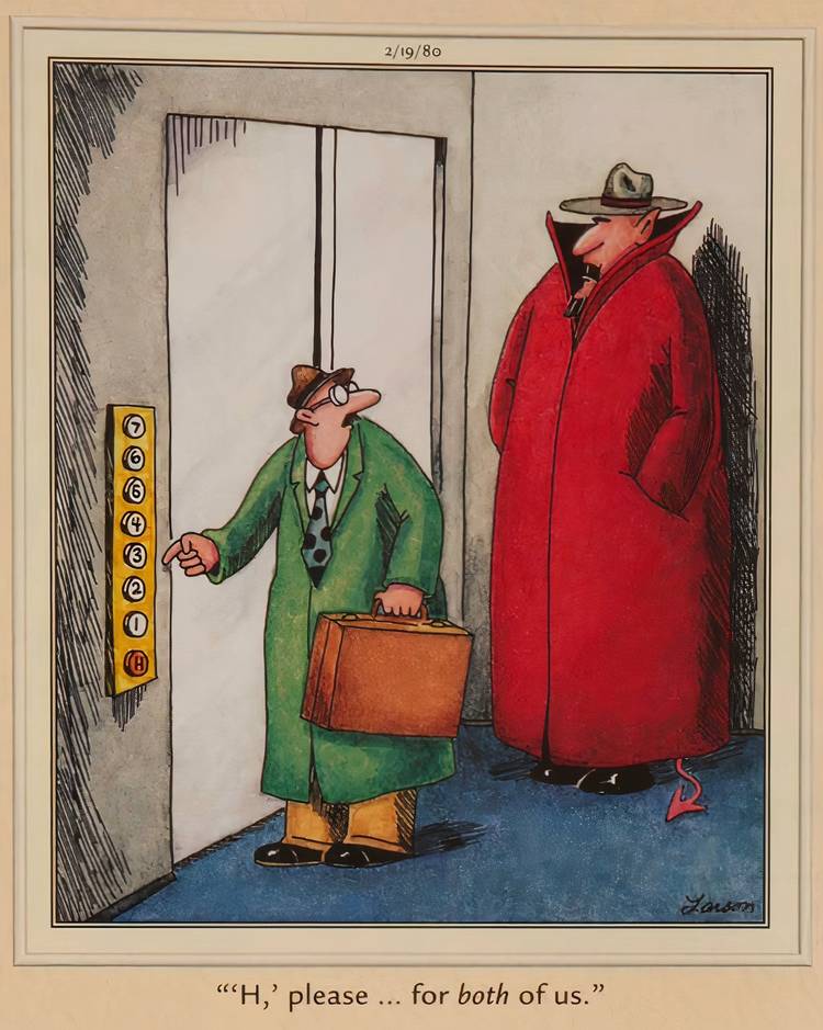 The devil waiting for a man in the elevator in The Far Side.