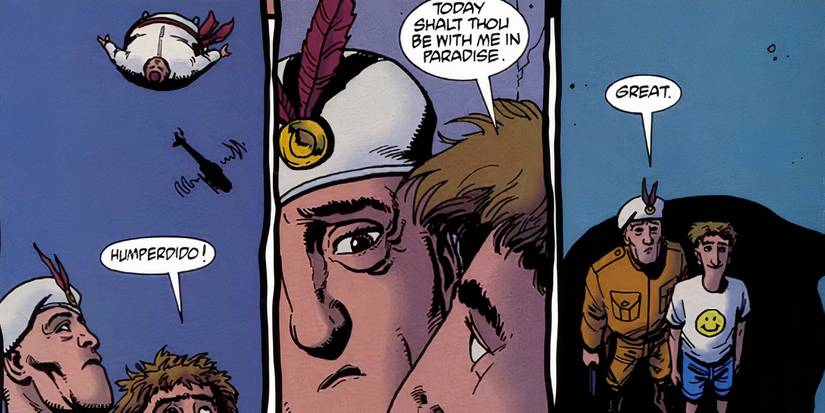 A fat man being pushed out of a helicopter onto two people on the ground in Preacher.