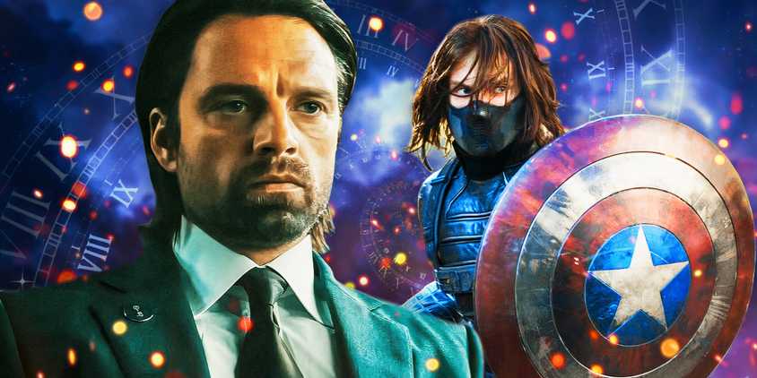 Sebastian Stan as Bucky Barnes and The Winter Soldier in the MCU above a cindered background of a clock