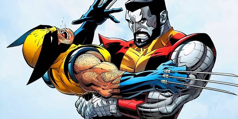 Colossus crushing Wolverine with a 'beat hug'. 