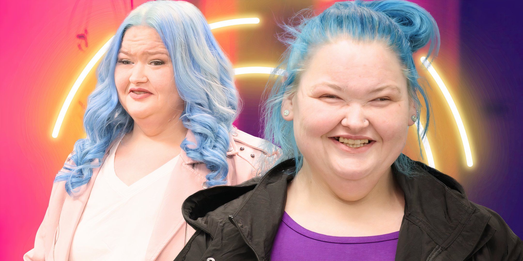 1000 lb sisters star amy slaton in montage with two poses with hair up and down and her smiling