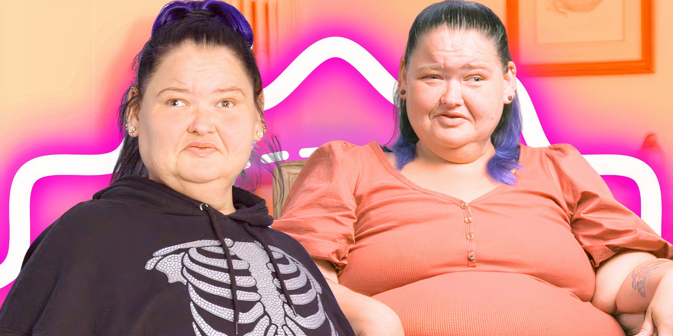 1000 lb sisters star amy slaton in skeleton print hoodie and peach dress looking serious with pink and orange background