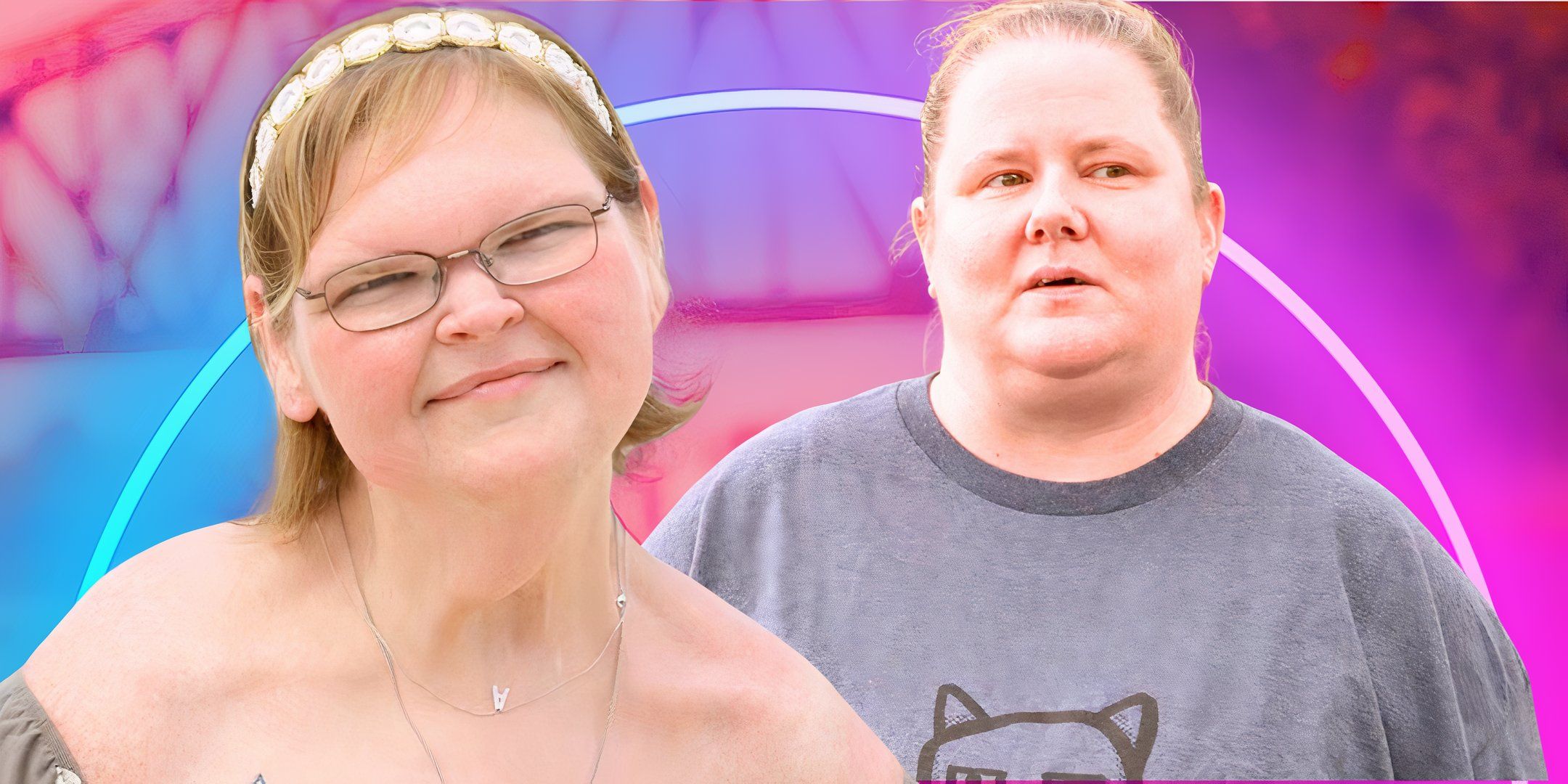 1000 lb sisters star Tammy Slaton smiling in montage with new love interest Andrea with pastel background