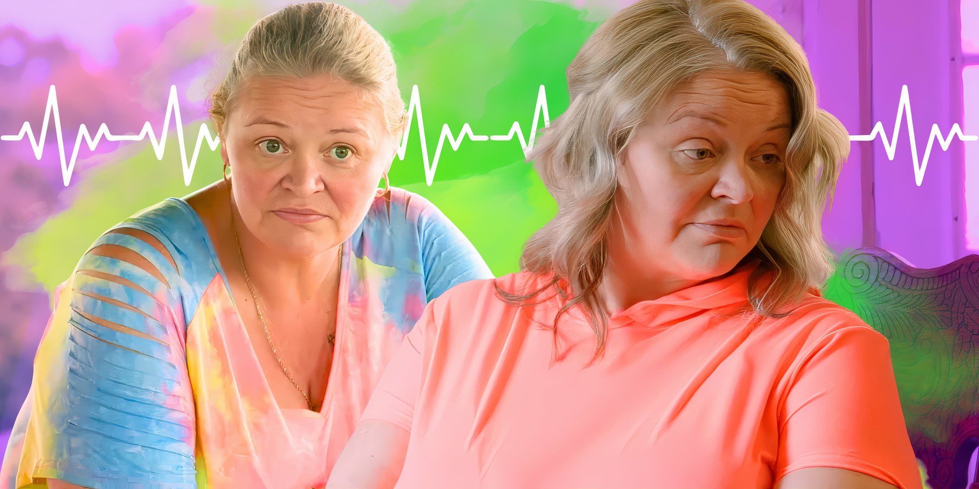 1000 lb sisters stars amanda halterman in two sad poses in pastel tops with a hearbeat background