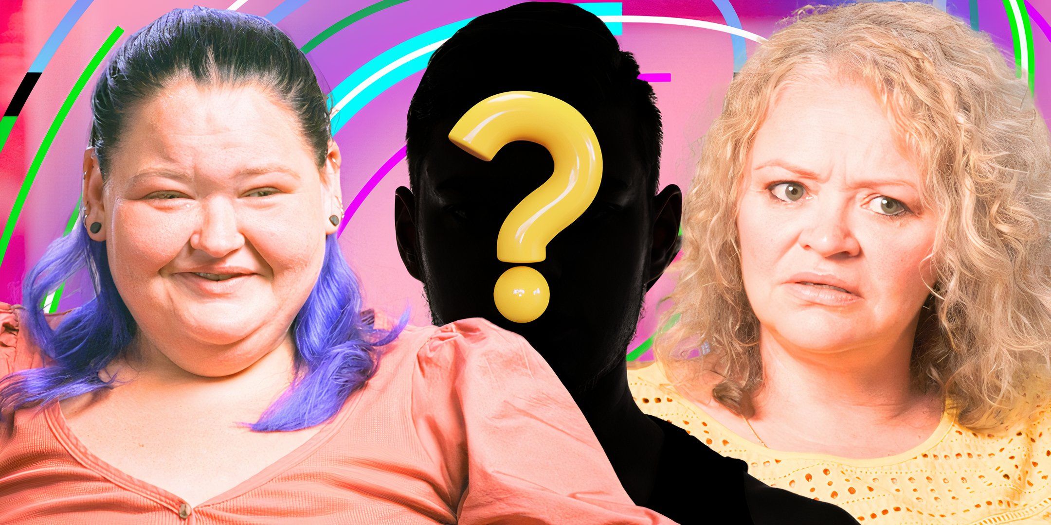 1000 lb sisters stars Amy Slaton and Amanda Halterman with Amy smiling and Amanda upset with mystery man in middle