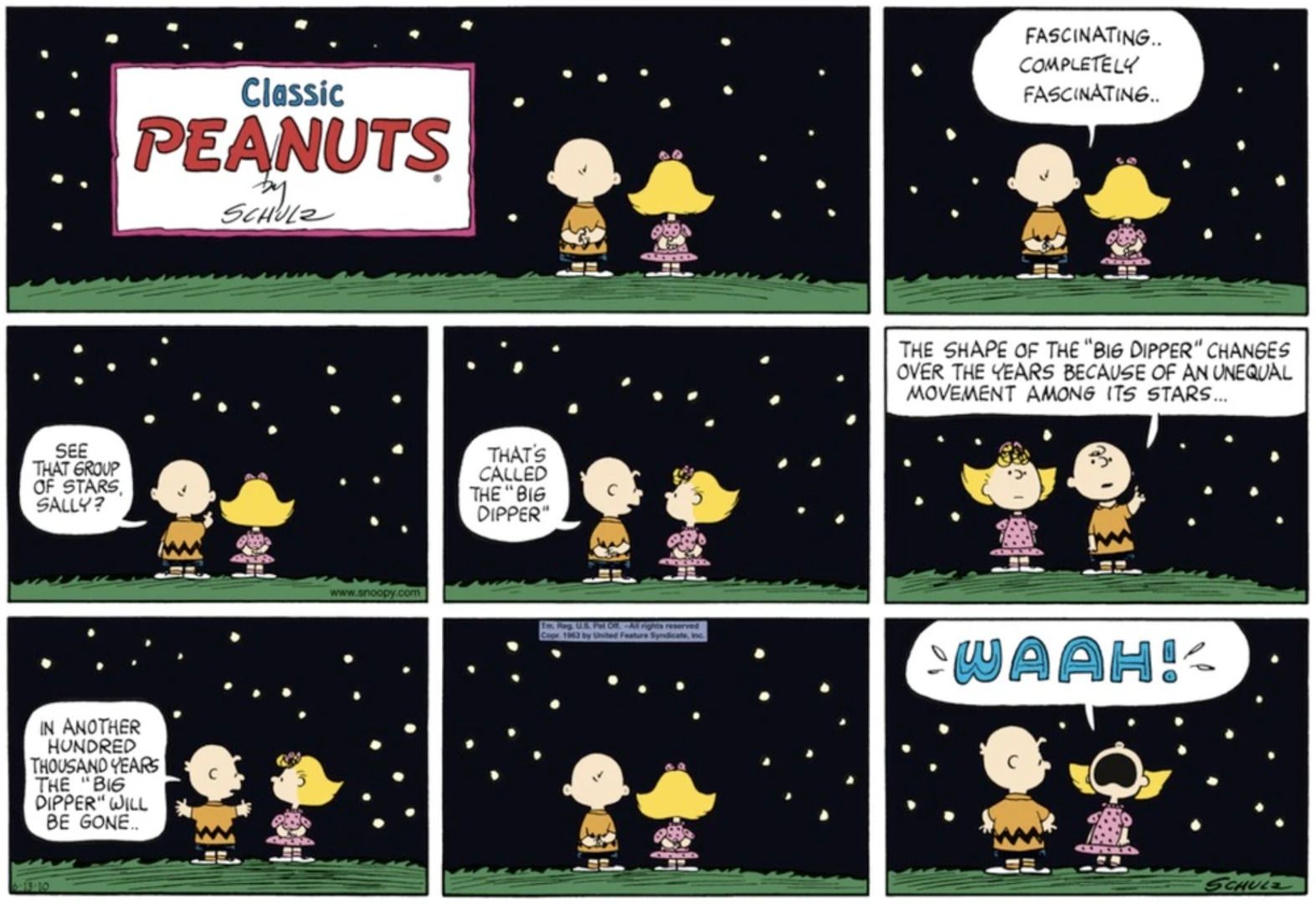 Peanuts, Sally crying while her and Charlie Brown talk about the stars.