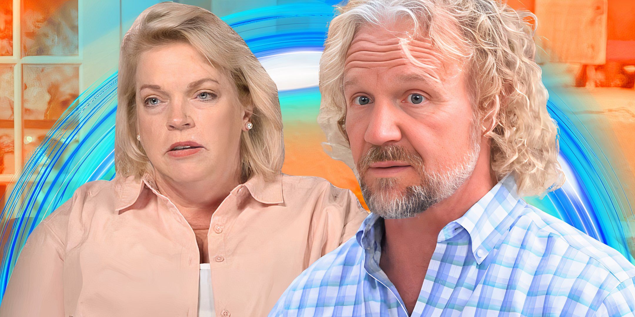 sister wives Janelle brown and Kody brown looking serious with blue and peach background
