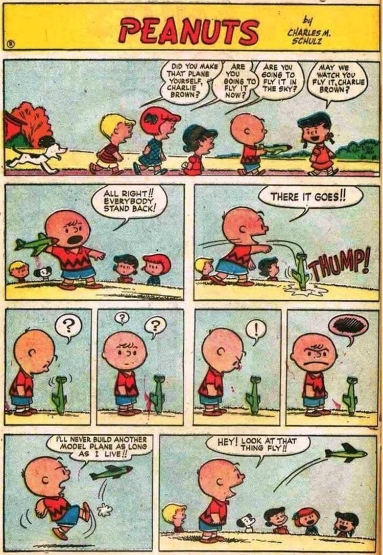 Peanuts, Charlie Brown getting mad at his model airplane.