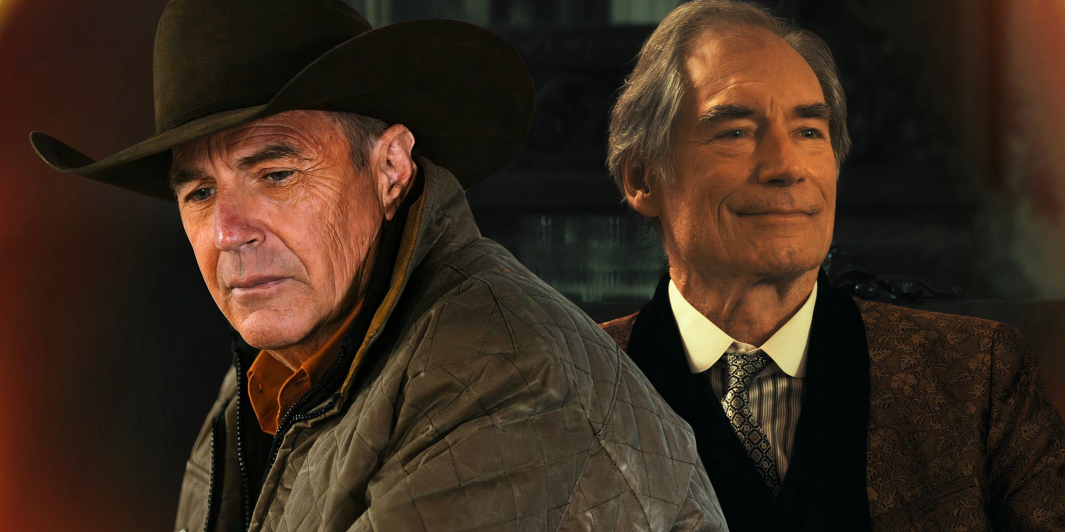 Kevin Costner as John Dutton in Yellowstone and Timothy Dalton as Thomas Whitfield in 1923