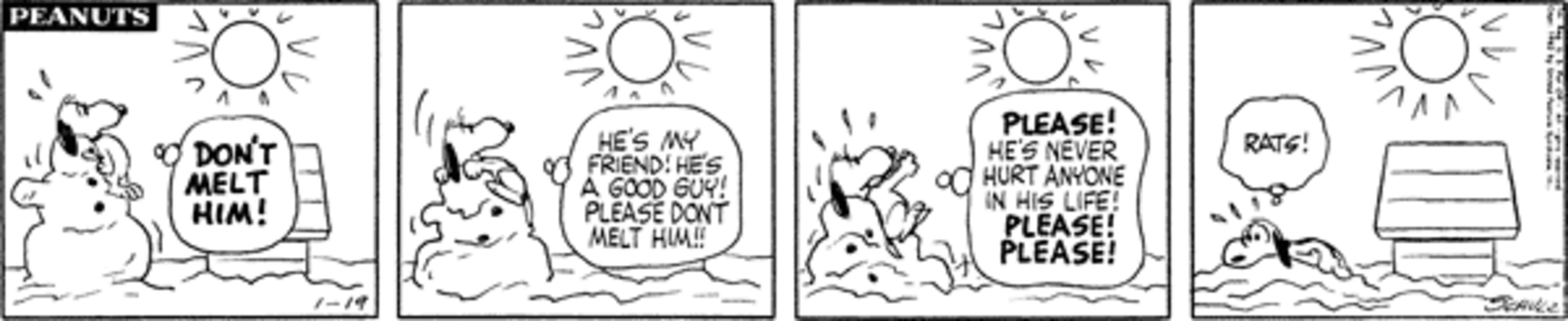 Snoopy yelling at the sun to not melt his snowman friend.