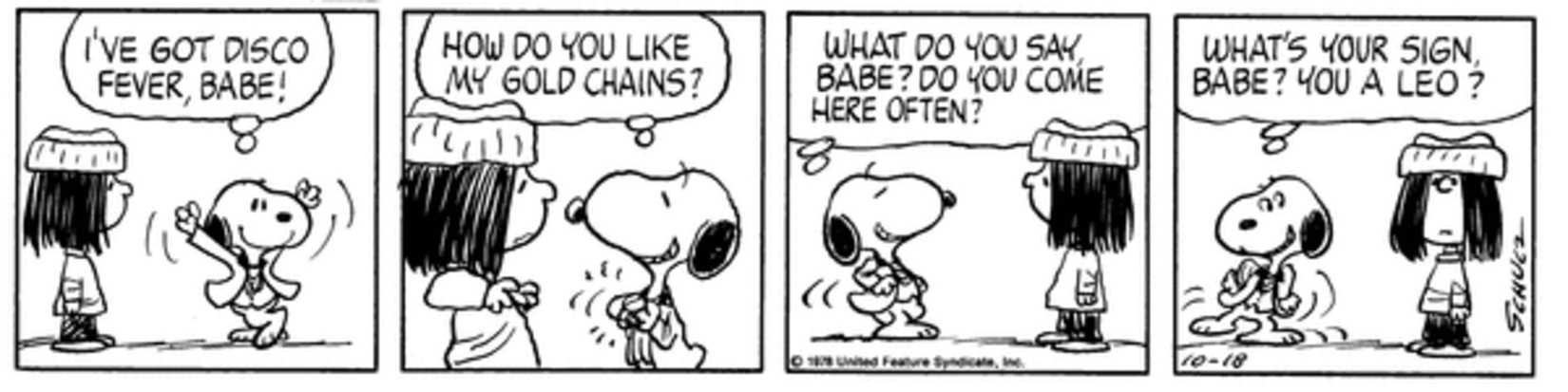 Peanuts, Snoopy disco dancing while talking to Eudora.