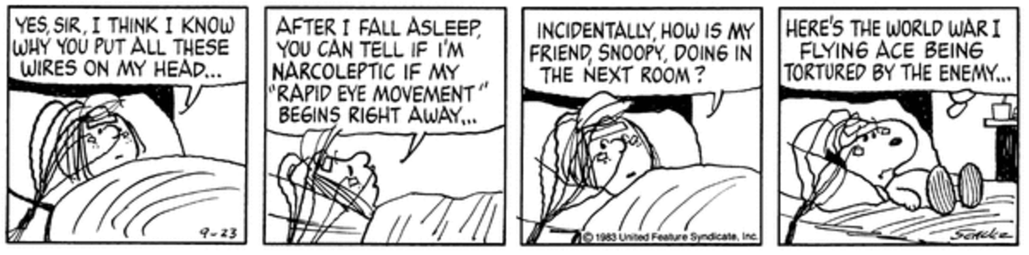 Peppermint Patty and Snoopy with wires on their head in bed.