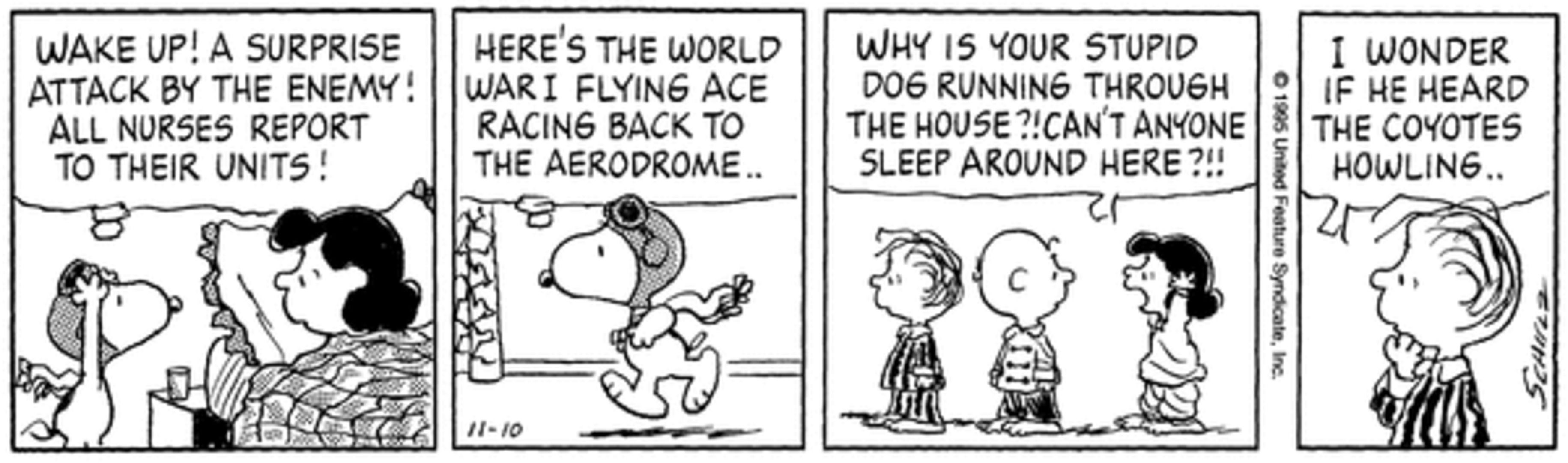 Snoopy waking up Lucy as the Flying Ace.