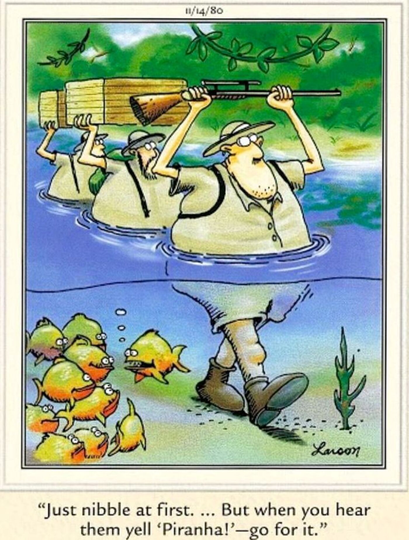 The Far Side, jungle explorers walk through a river as piranhas scheme against them