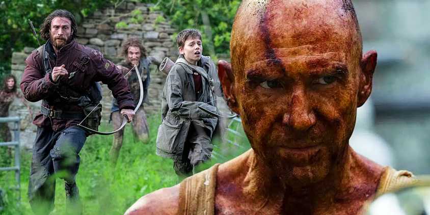 A composite image of Ralph Fiennes covered in blood in front of Aaron Taylor Johnson running from zombies in 28 Years Later.