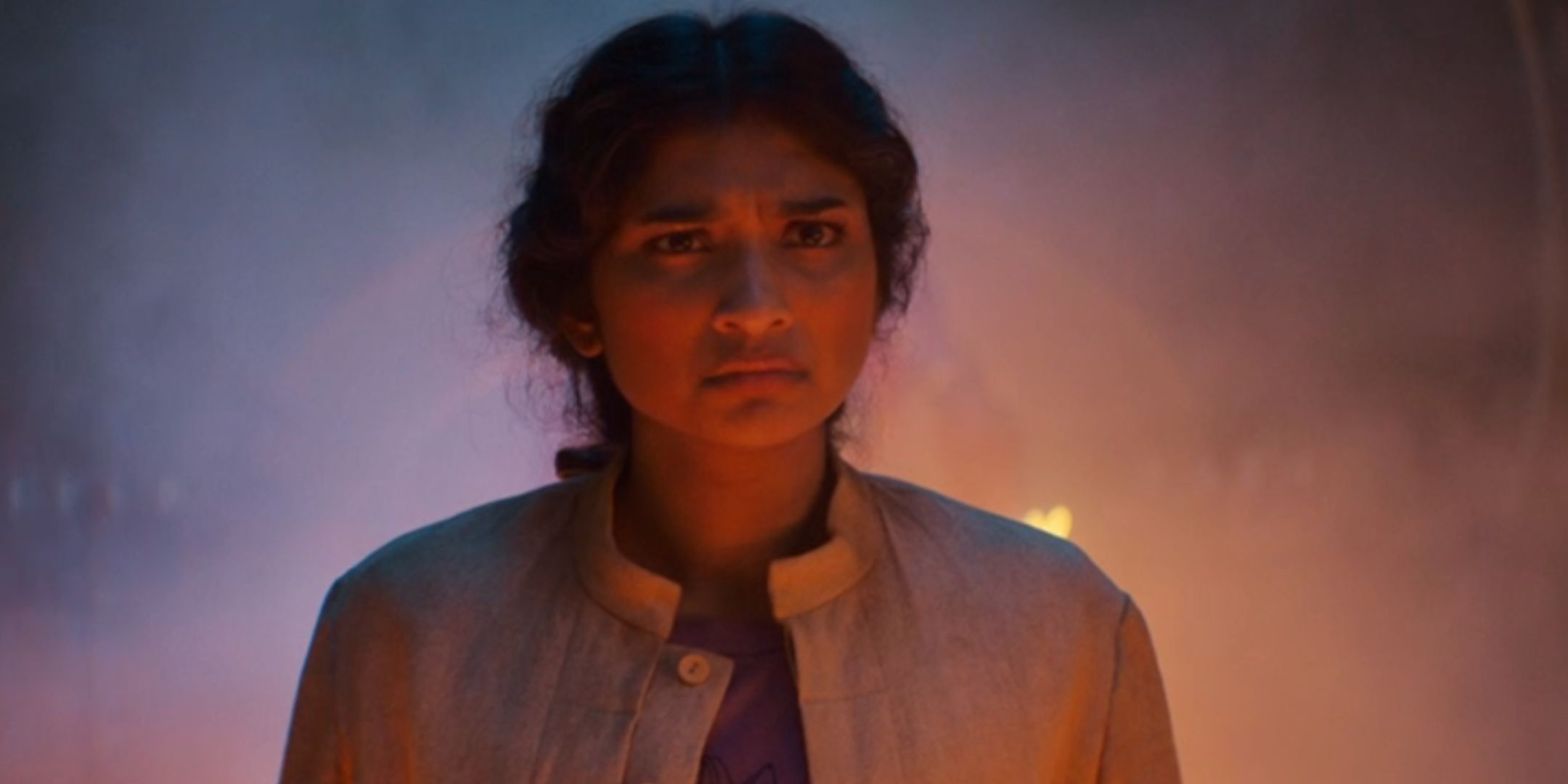 Varada Sethu looking confused as Belinda Chandra in Doctor Who
