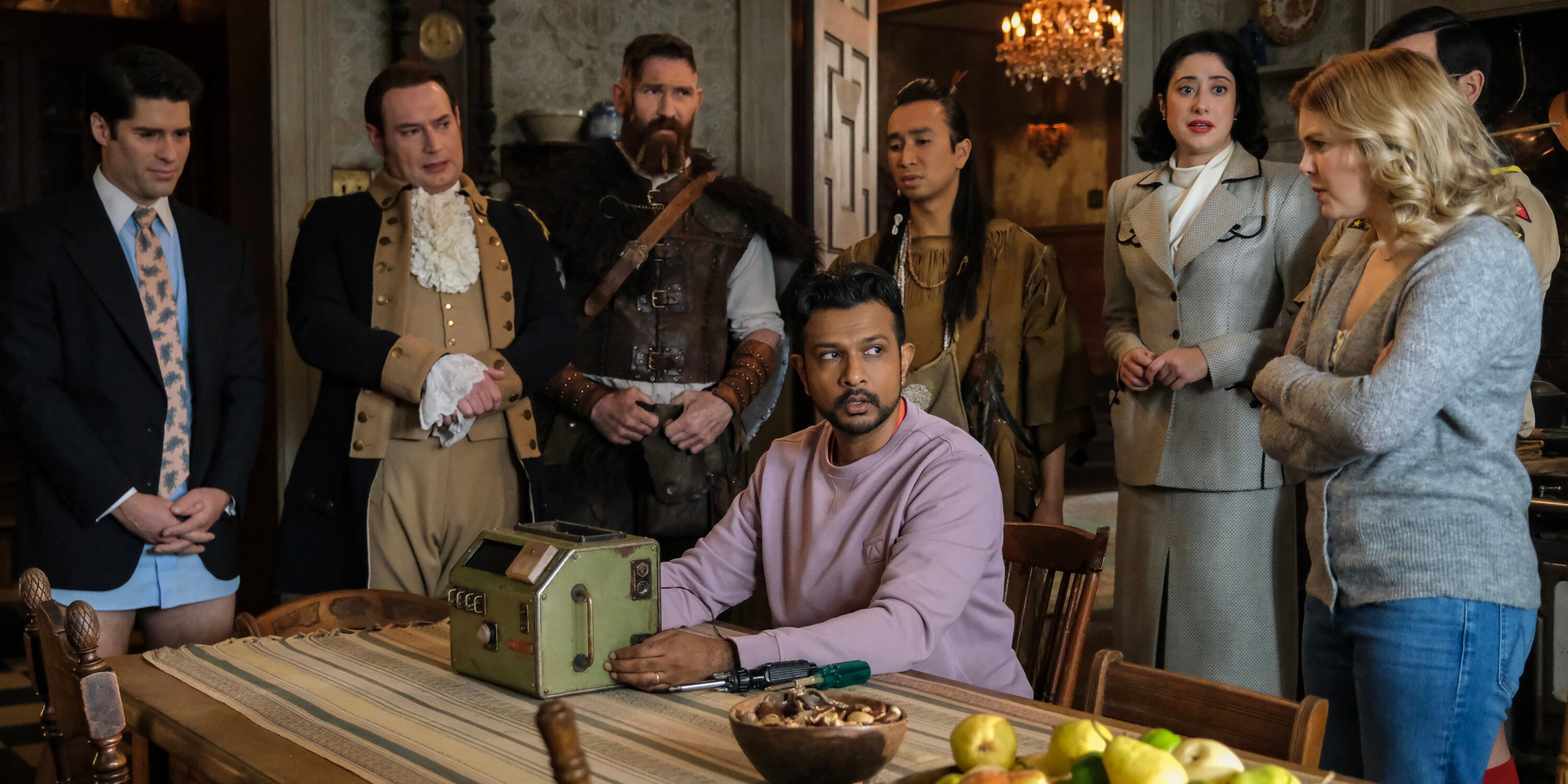 Jay, Sam, and the ghosts with the ghost trap in Ghosts season 4, episode 18