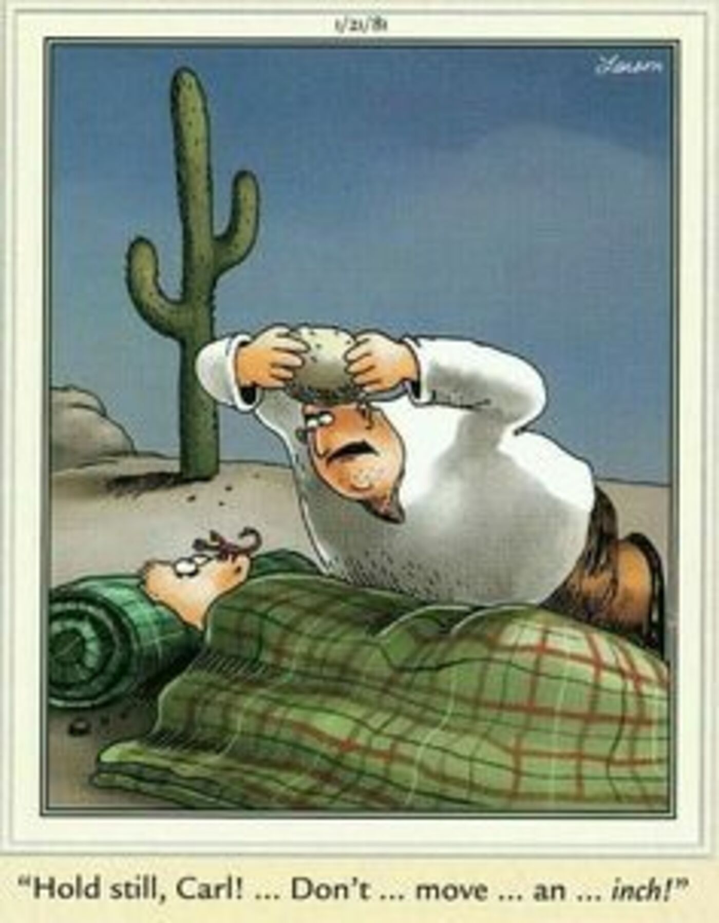The Far Side, a man about to hit another man's head with a rock to kill a scorpion.