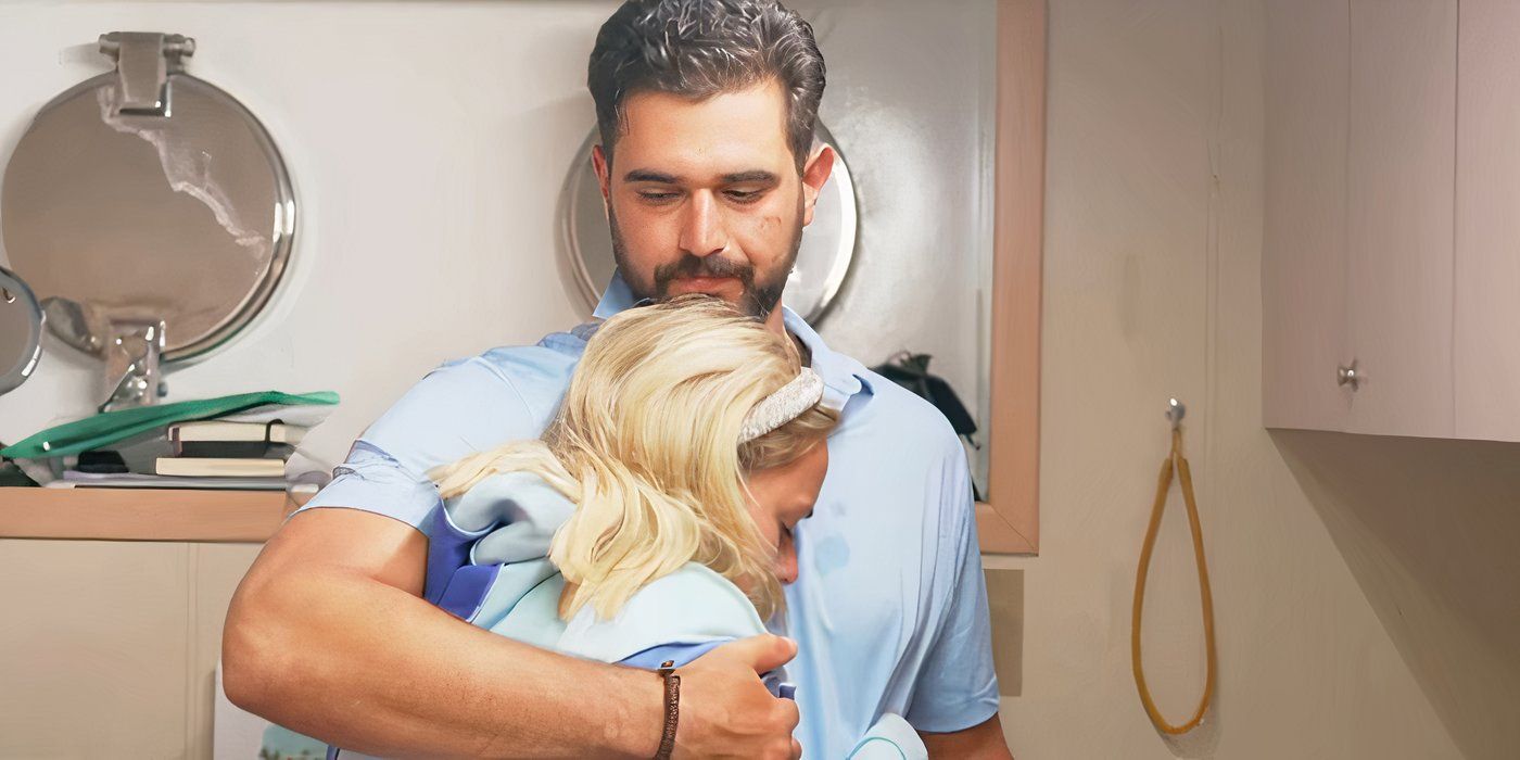 Below Deck Down Under's Alesia Harris and Johnny Arvanitis hugging after he's fired