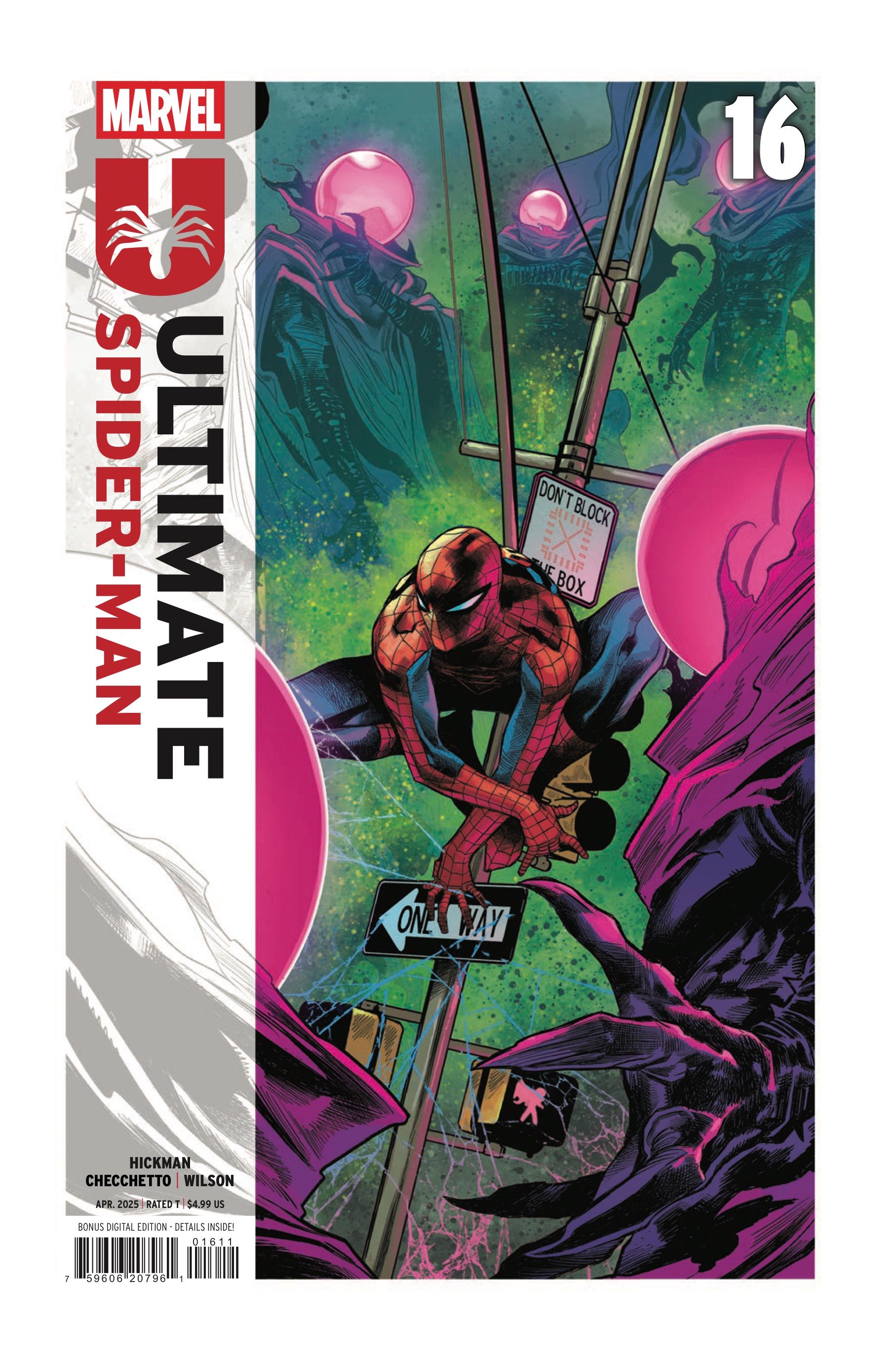 Ultimate Spider-Man #16 cover by Marco Checchetto - Spider-Man is surrounded by multiple Mysterios