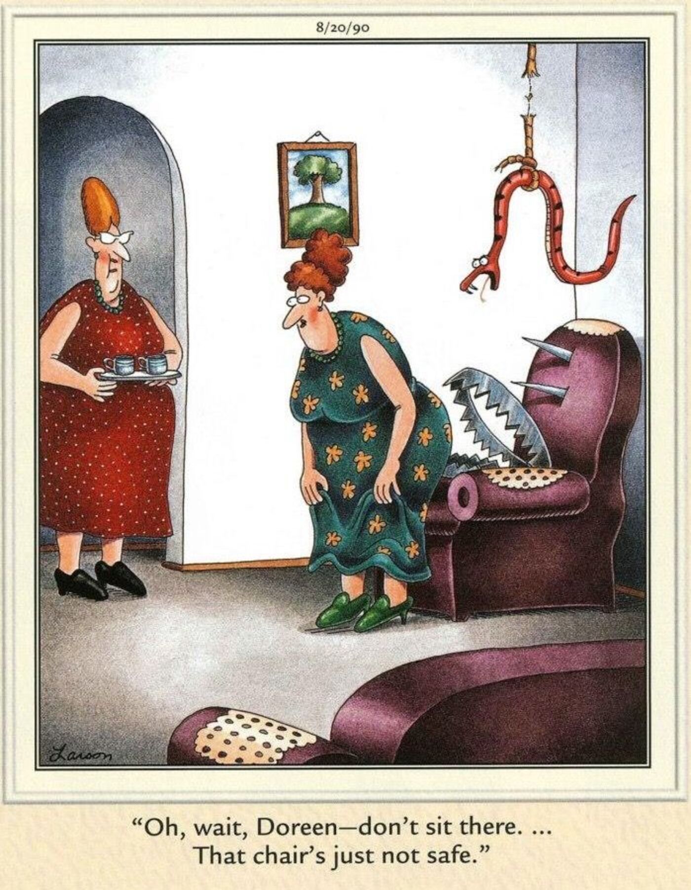 Far Side, a woman about to sit down in a chair filled with weapons.