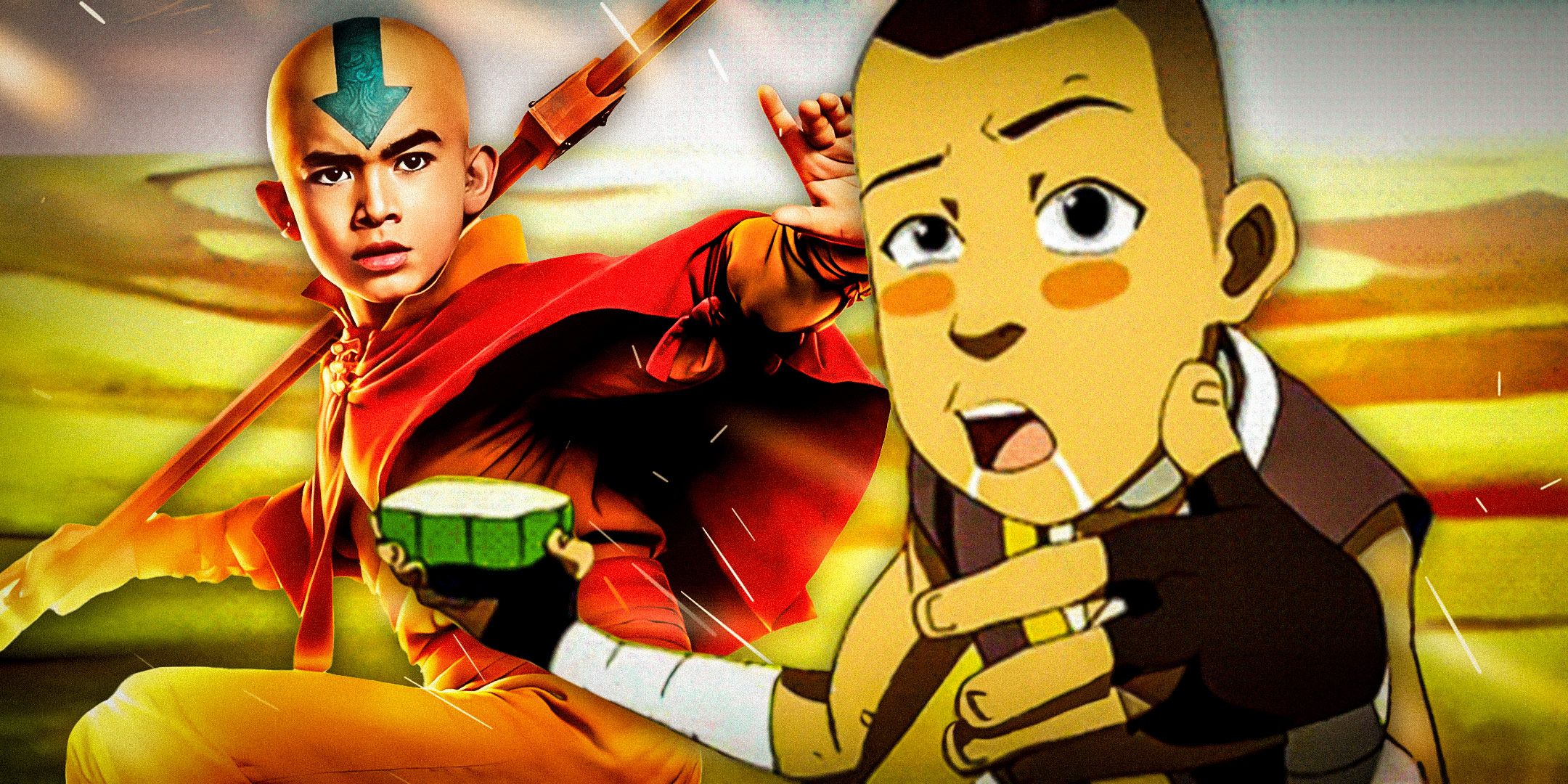 Live-action Aang behind animated Sokka with his cactus juice