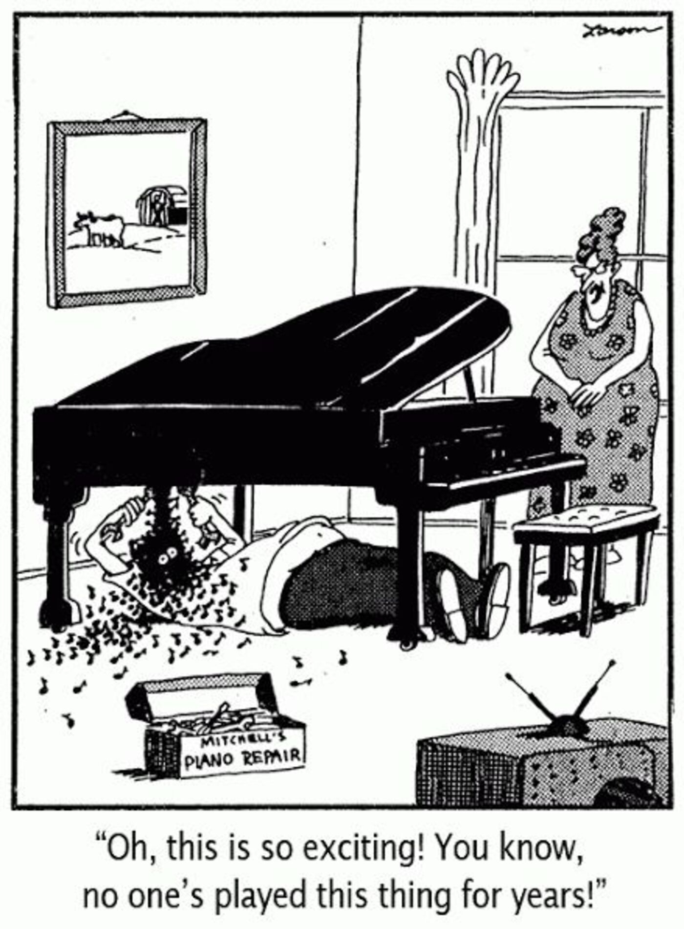 The Far Side, musical notes falling on top of a piano repairman's face.