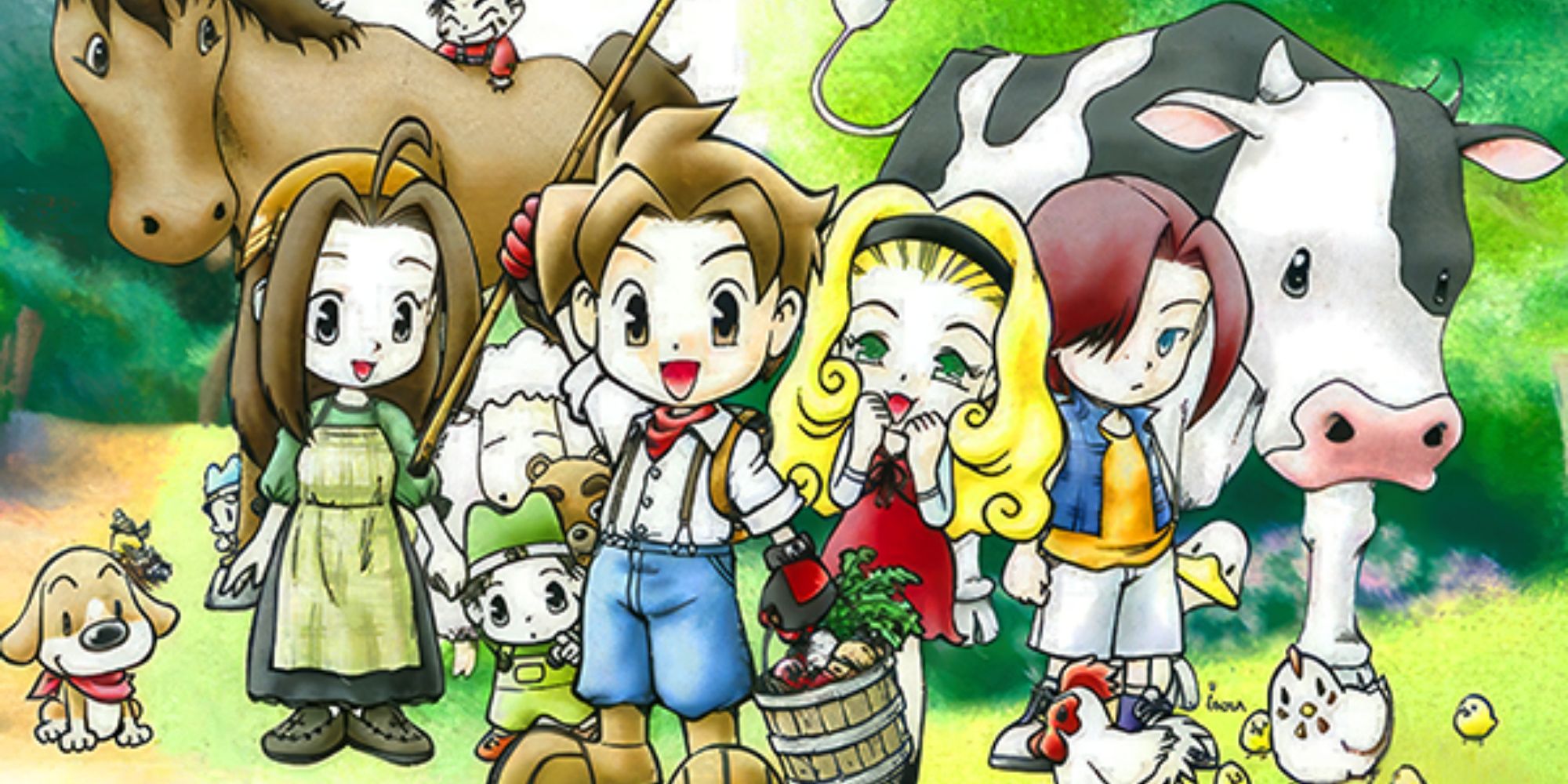 Harvest Moon: A Wonderful Life cover art featuring the farmer, romanceable NPCs, and farm animals
