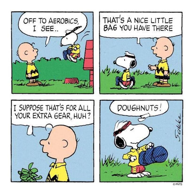 Peanuts, Snoopy in a tracksuit carrying a gym bag while talking to Charlie Brown.