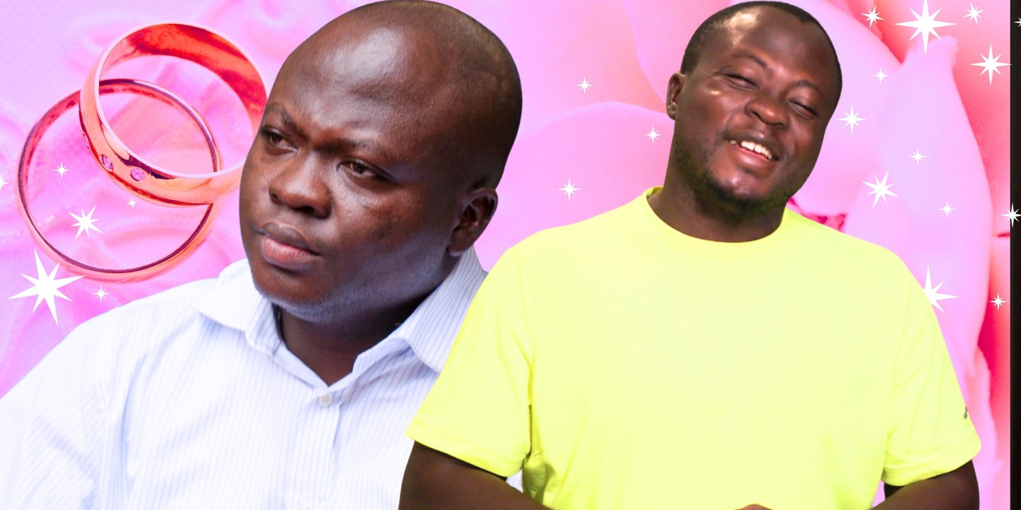 90 Day Fiancé’s Michael Ilesanmi with serious and happy expressions in a montage image, with wedding rings behind him.